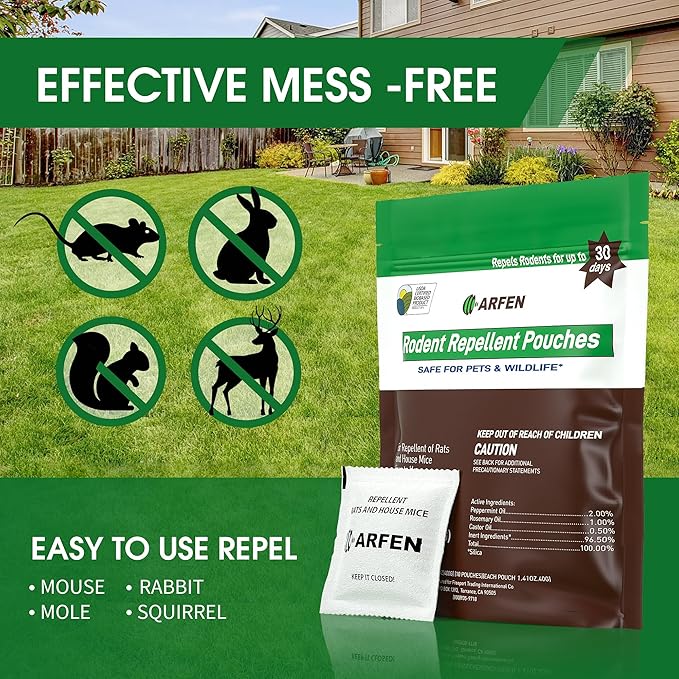 Rodent Repellent Pouches, Peppermint Oil, All Natural, Plant Powered, Repel Mice and Rat, Squirrels, Mouse Repellent, Keep Mice Out from Indoor/Car/RV/Boat/Garage/Cabin,10 Pouches