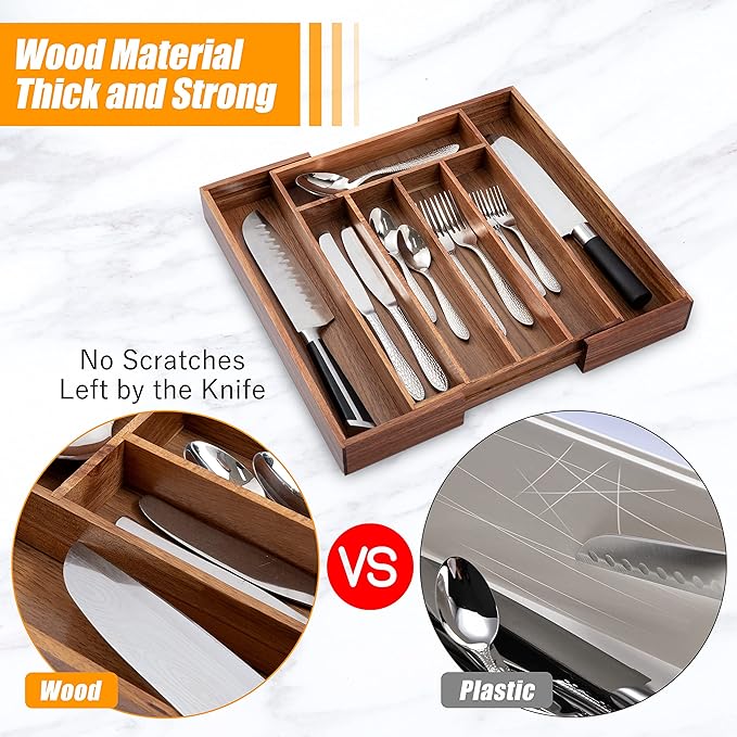 Bellsal Acacia Silverware Organizer Kitchen Drawer Organizer Expandable Bamboo Utensil Holder Cutlery Tray for Kitchen Utensil and Flatware Bedroom Office