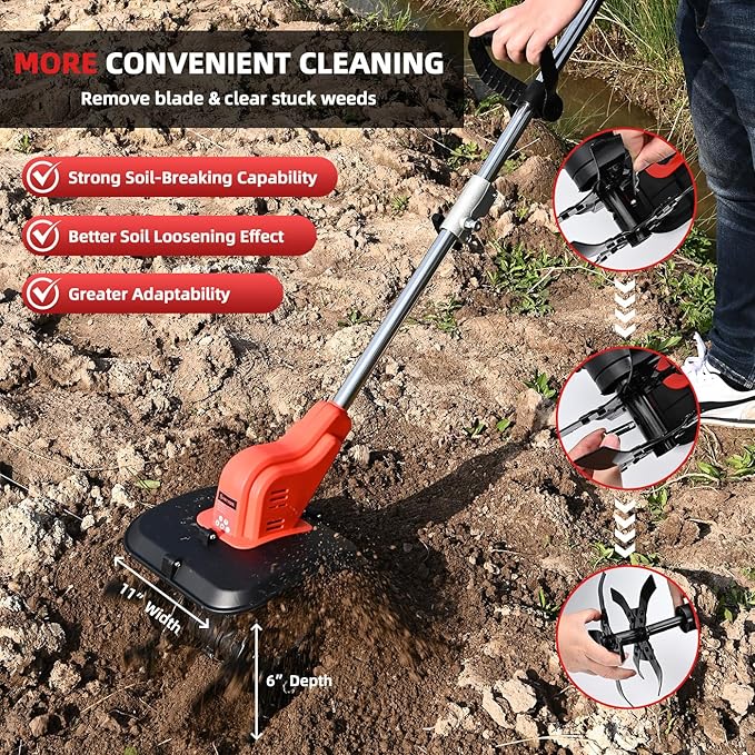 Brushless Cordless Tiller for Gardening,400 RPM Cultivators for Gardening Has Battery Capacity Display with 4.0 Ah Battery, Rototiller 11 in Tilling Width, 6 in Depth by SHINTYOOL