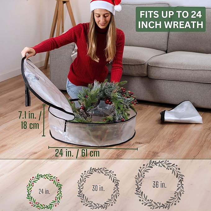 VENO 2 Pack Front Door Wreath Storage Container For Summer - 24 Inch Clear Wreath Bag, Christmas Garland Decoration Organizers with Zipper and Durable Handles (Clear, 24"-2 Pack)