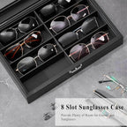 BEWISHOME Sunglasses Organizer, Glasses Organizer, 8-Slot Sunglasses Case for Men, Eyeglasses Storage Box with Clear Glass Top, Smooth PU Leather Interior, Black SSH38C