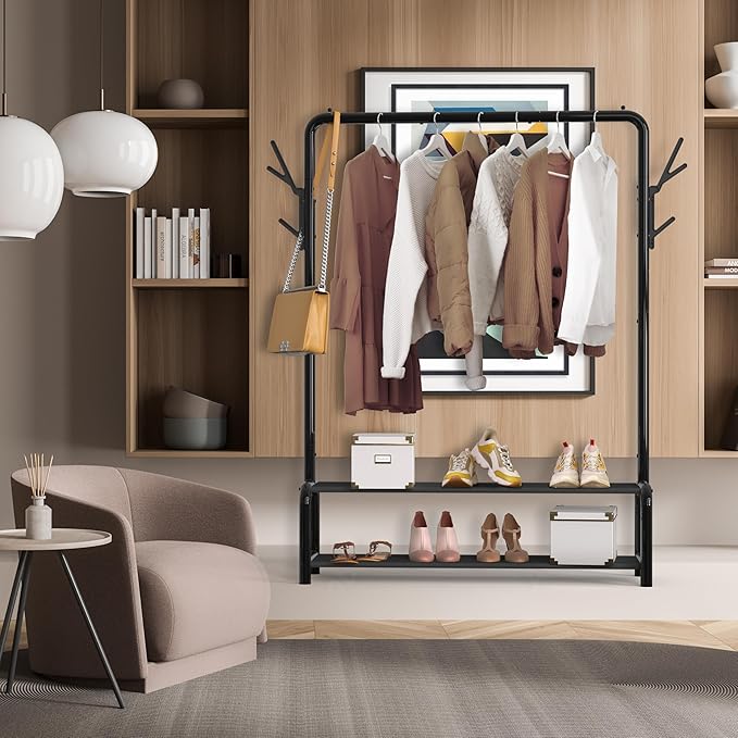 Simple Houseware 52-Inch Freestanding Closet Garment Rack with Storage Shelves and Coat/Hat Hooks, Black