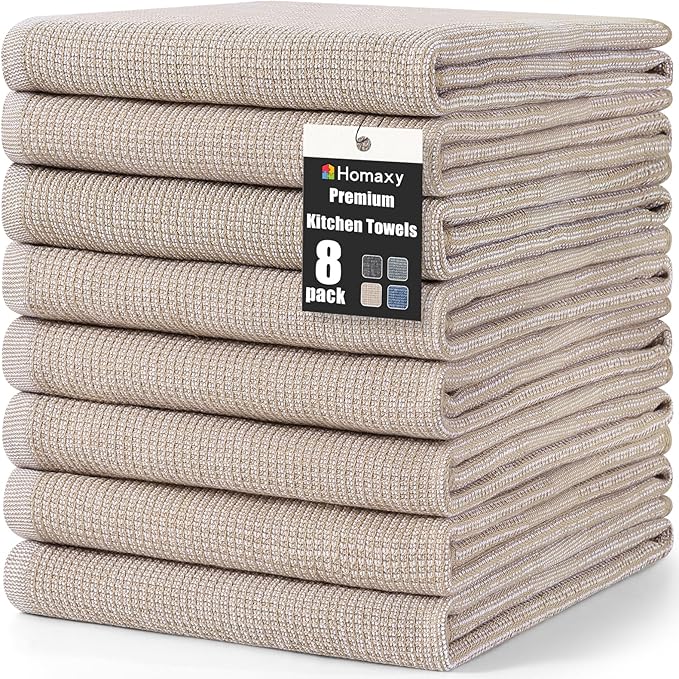 Homaxy Premium Kitchen Towels(18”x 28”, 8 Pack), Large Cotton Kitchen Hand Towels, Flat and Terry Dish Towels, 380 GSM Highly Absorbent Tea Towel Set with Hanging Loop, Khaki