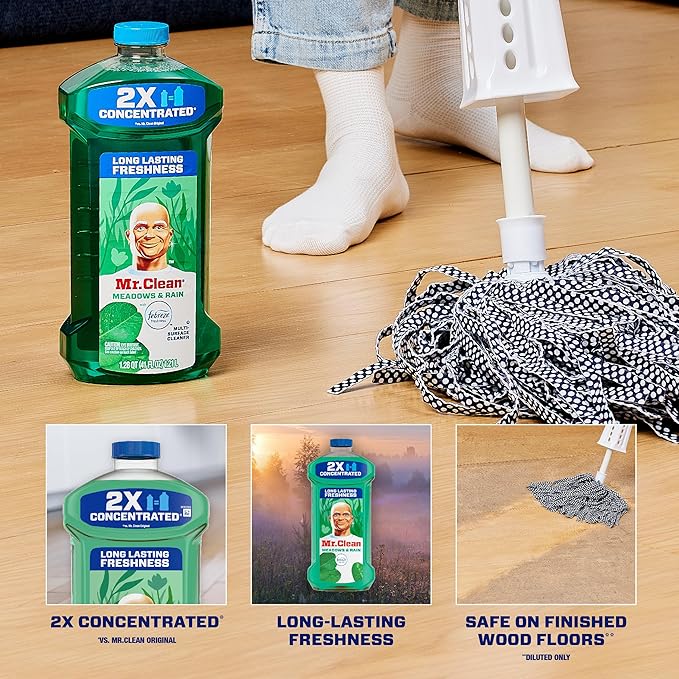 Mr. Clean All Purpose Cleaner, Floor Cleaner for Mopping Home, Bathroom, & Kitchen, Cleaning Liquid for Mop & Bucket, Cleaning Supplies, Dilutable, Meadows & Rain, 41oz (Pack of 4)