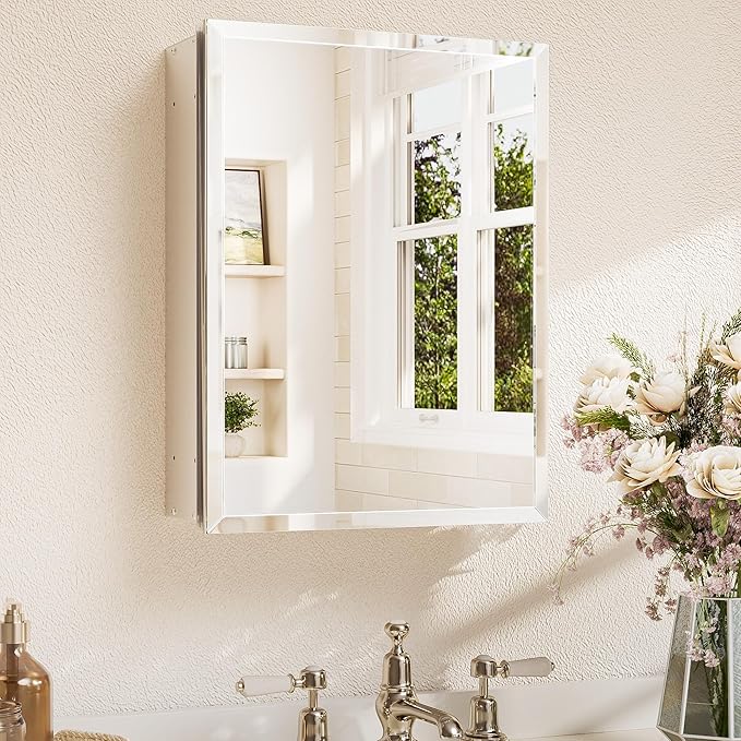 TETOTE 14 x 18 Medicine Cabinet with Tempered Beveled Mirror Silver Medicine Cabinet Mirror Aluminum Cabinet DTC Hinges, Stepless Adjustable Shelves, Recessed/Surface-Mounted