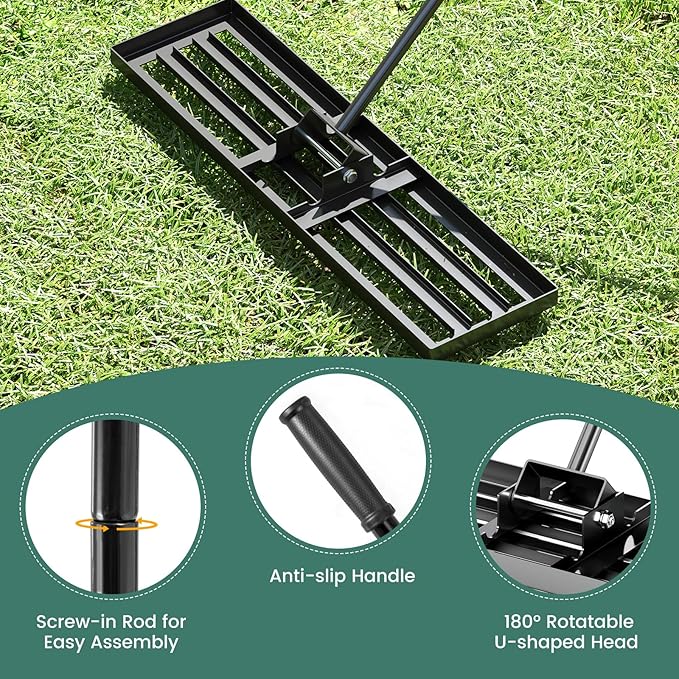 Goplus Lawn Leveling Rake, 36" x 10" Heavy Duty Level Lawn Tool w/ Ergonomic Handle for Soil, Effort-Saving Landscape Rake for Garden, Backyard, Golf Course, Farm, Pasture, Black