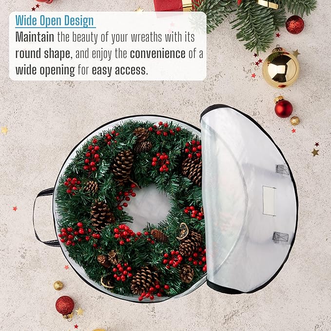 VENO 2 Pack Front Door Wreath Storage Container For Summer - 24 Inch Clear Wreath Bag, Christmas Garland Decoration Organizers with Zipper and Durable Handles (Clear, 24"-2 Pack)