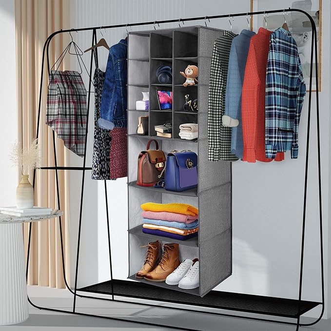 Libeder Shoe Organizer for Closet, 15 Shelf Hanging Closet Storage Shelves,12 Shoe Rack Organizer 3 Large Compartment for Clothes, Space Saving Closet Organizer for Shoes with 3 Metal Hook(Grey)