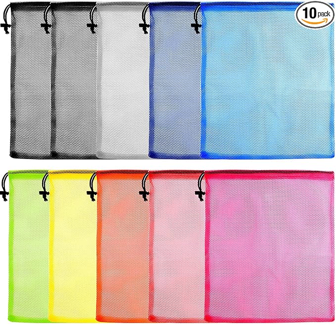 KUUQA 10 Pcs Mesh Drawstring Bag, Laundry Bag, Mesh Stuff Sack, Golf Ball Bag, Nylon Mesh Bag for Storage, Travel and Sports (Colorful, 13"x15.5")