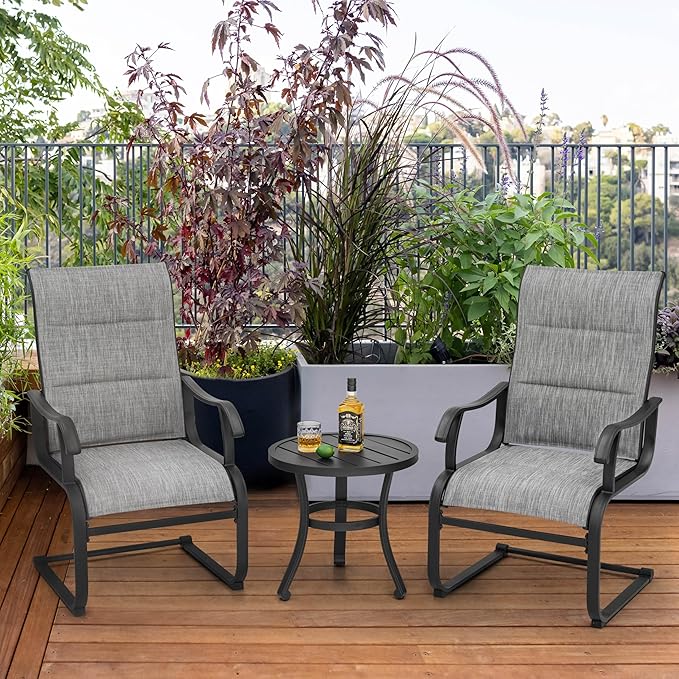 NUU GARDEN 3 Pieces Outdoor Bistro Set, 2 Patio Chairs with 20" Round Patio Table, Textilene Chairs and Iron Side Outdoor Table for Patio, Deck, Garden, Gray and Black