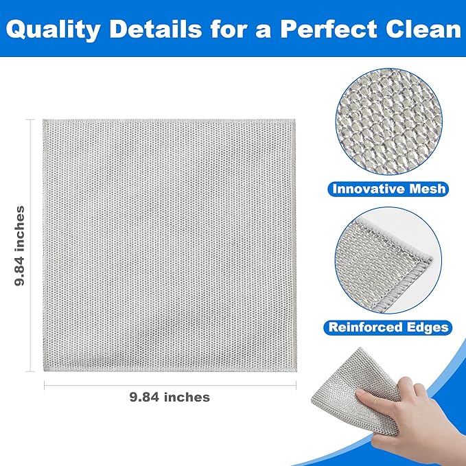 JOYMOOP Dual-Sided Silver Microfiber Cleaning Cloth, Reusable Non-Scratch Dishwashing Rag, Multipurpose Scrubbing Pads for Kitchen, Glass, Stainless Steel