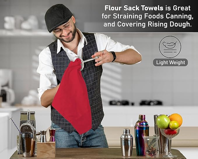 RUVANTI Flour Sack Towels 12 Pack 28 x 28 Inches, Ring Spun 100% Cotton Dish Towel, Machine Washable, Absorbent - Flour Sack Kitchen Towels for Drying and Cleaning - Red