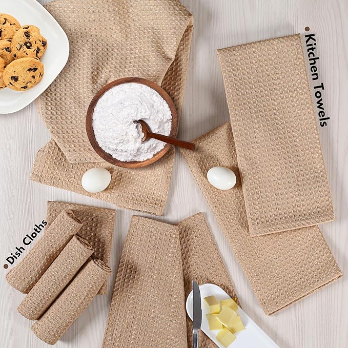 Native Fab 8 Piece Kitchen Towels & Dish Cloth Set - Absorbent, Durable, Quick Drying Towel for Cleaning, Cooking, Baking - Ideal for Home, Cafes & Daily Use, Machine Washable & Reusable - Beige