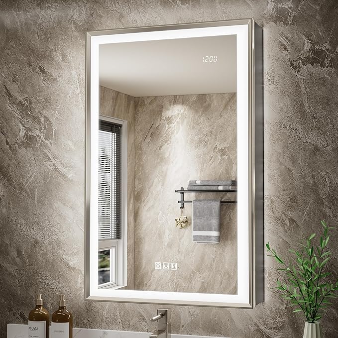 20x32 Lighted Medicine Cabinet, Beveled Brushed Nickel Framed Surface or Recessed Fogless Dimmable LED Medicine Cabinet with Mirror, Outlet, Time Display and Sensor Inner Light(Right Hinge)