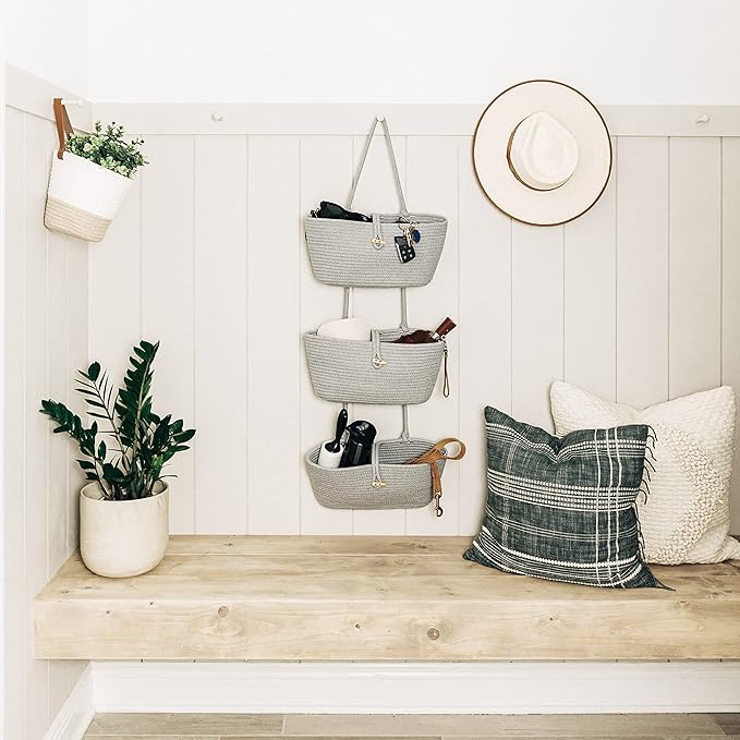 OrganiHaus 3-Tier Hanging Organizer, Gray Cotton Rope Baskets for Wall or Door – Boho Nursery & Home Storage