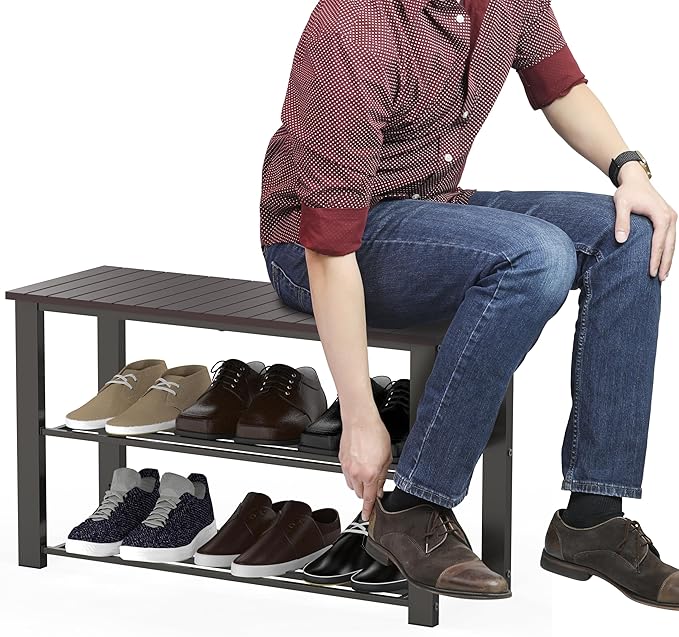 Simple Houseware Wood Top Shoe Storage Bench for Entryway, Dark Brown