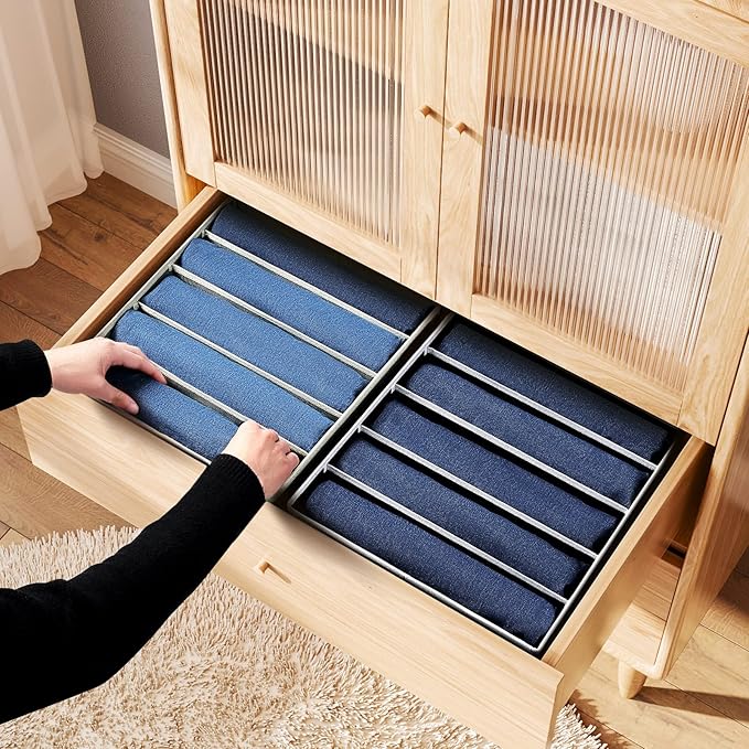 Jeans Organizer - Wardrobe Clothes Organizer with 5 Cells, Closet Organizers and Storage for Jeans, Sweater, Pants Organizers for Closet, Shelves, 4 Pack (Black)