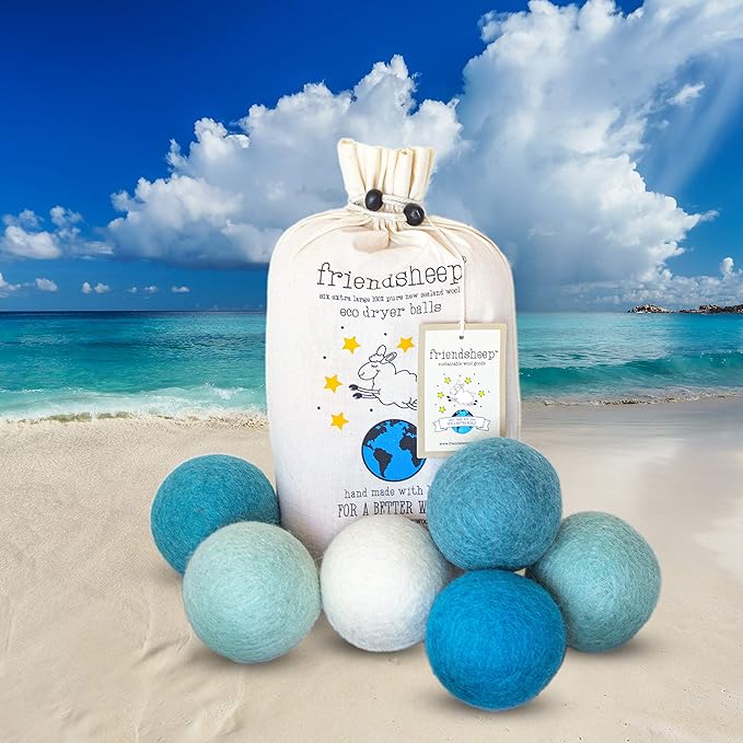 Friendsheep Wool Dryer Balls, Organic Reusable Fabric Softener Alternative for Laundry, Handmade, Fair Trade, Hypoallergenic, Eco-Friendly, Plastic-Free (6 Pack XL - Blue Ocean)