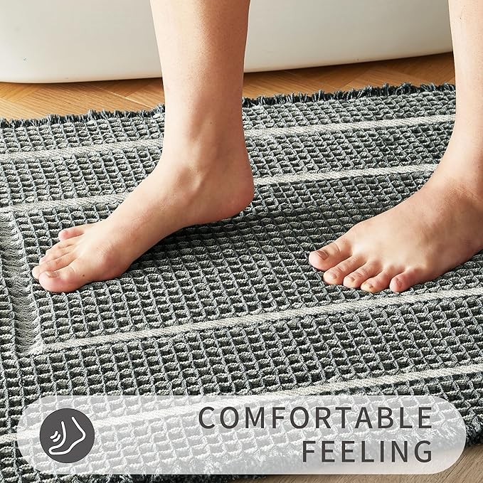 Bathroom Floor Mat,Boho Bathoom Mat,Super Absorbent Bath Rug,Bathroom Rugs Non Slip Washable, Quick Dry Shower Mats, Ultra Soft Bath Mat Towel,Bluish Grey & Yellow,17"*24"