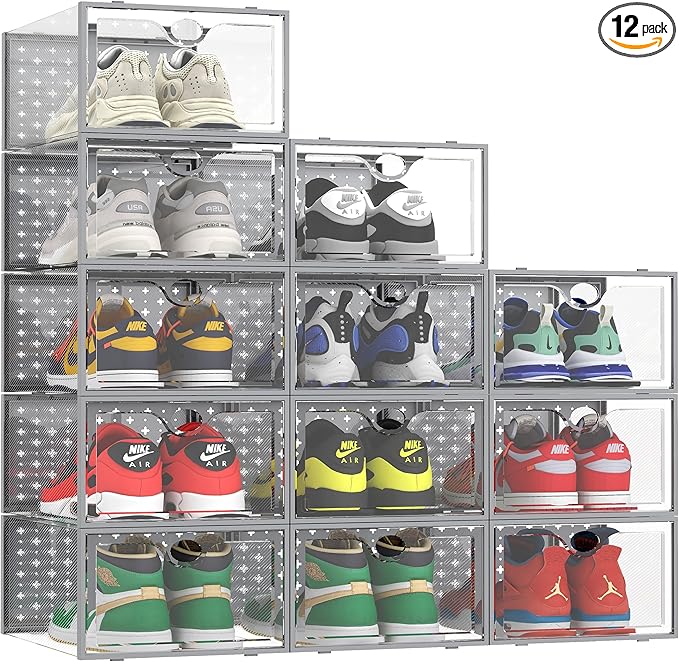 Pinkpum 12 Pack XXL Shoe Storage Box Fit for Size 14, Clear Plastic Stackable Shoe Organizer for Closet, Shoe Containers Sneaker Storage Clear and Grey