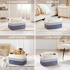 45L Small Laundry Basket with Leather Handles for Living Room Storage, Woven Rope Baskets Bin for Blanket, Kids Toy, Gifts, Wicker Hamper for Bedroom Dirty Clothes, 18"x14"x11" Denim Blue
