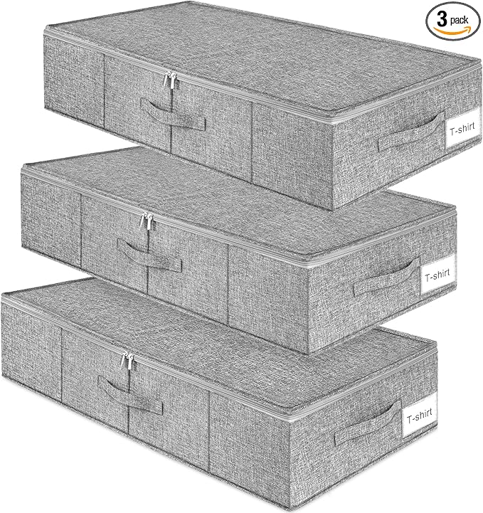 punemi Under Bed Storage, 3 Pack Underbed Storage Container Bags With Lid, Foldable Sturdy Clothes Storage Drawer Organizer W/ 3 Handles, Ultra Thick Fabric Blanket Shoe Storage Box, Grey