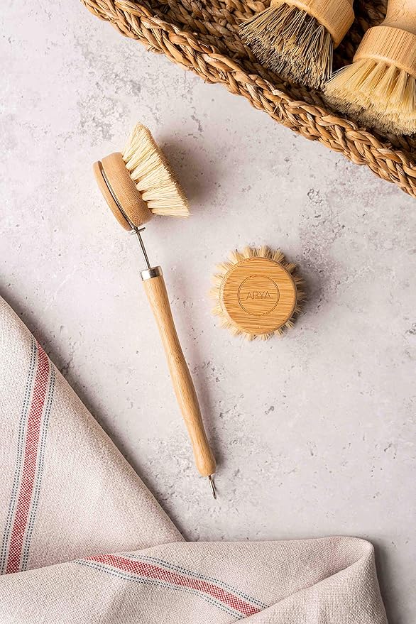 Wooden Dish Brush Set | 4 Kitchen Washing Up Brushes & One Replacement Head | Bamboo & Natural Fibers | Eco Friendly Wooden Pot Brush Scourer Scrubber Sponge Alternative