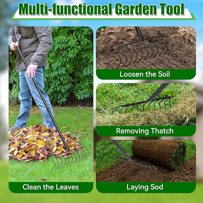 Garden Thatch Rake, 68" Heavy Duty Lawn Leveling Rake with 11 Stainless Steel Tines, Adjustable Long Handle Garden Tool for Loosening Soil, Cleaning The Leaves, Removing Thatch, Laying Sod