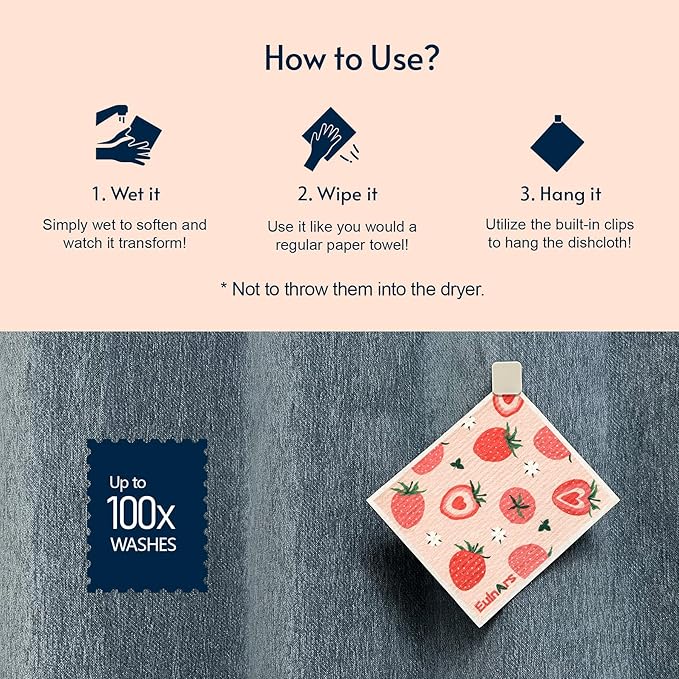 Swedish Dishcloths for Kitchen, 8 Pack Reusable Paper Towels with Clips, Non-Scratch Swedish Dish Towels, Super Absorbent Cellulose Sponge Cloths, Eco Friendly Gifts