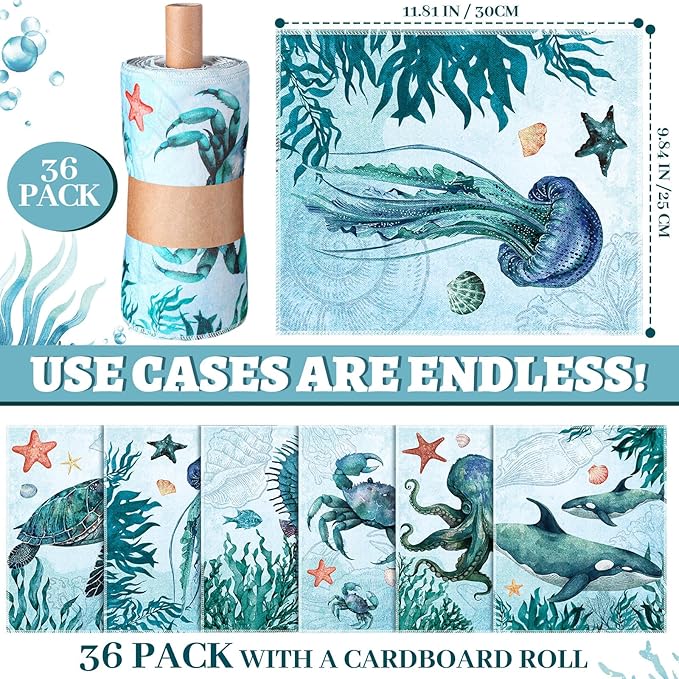 36 Count Reusable Cleaning Cloths Washable Cotton Kitchen Towels for Home(Sea Animals Style,Blue)