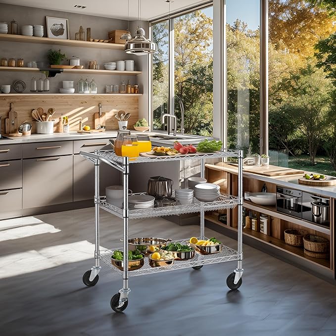 Finnhomy 3 Tier Heavy Duty Commercial Grade Utility Cart, Wire Rolling Cart with Handle Bar, Steel Service Cart with Wheels, Utility Shelf Plant Display Shelf Food Storage Trolley, NSF Listed
