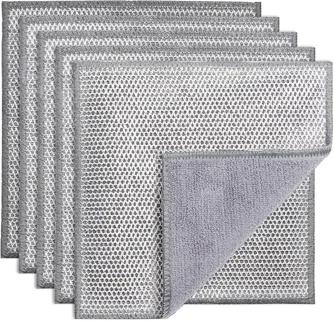 2 in 1 Stainless Steel Scrubber & Microfiber Cleaning Cloth, 5 Pack Towel & Steel Scrub Cloth for Pans, Dishes, Countertops, Reusable Non-Scratch Cleaning Pad for Kitchen Sink