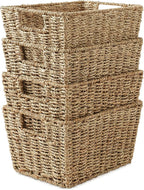 Casafield Set of 4 Seagrass Storage Baskets with Handles - Natural, Woven Rectangular Storage Bins for Shelves, Blankets, Laundry Organization