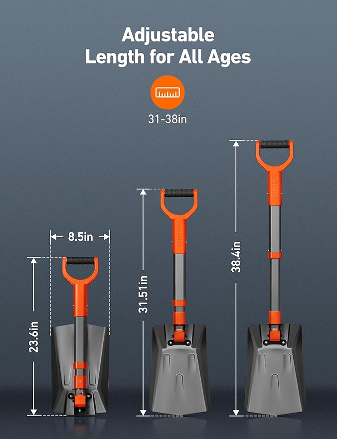 AstroAI 38.4" Folding Snow Shovel for Car, Extendable Snow Shovel with Thickened Aluminum Handle and Reinforced Iron Hinge, Portable and Multifunctional for Driveway, Cars, Camping and Mud, Grey