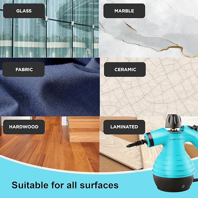 Comforday Multi-Purpose Handheld Pressurized Steam Cleaner with 9-Piece Accessories, Handheld Steamer Perfect for Stain Removal, Curtains, Car Seats, Floor, Bathroom, Window Cleaning (Light blue)