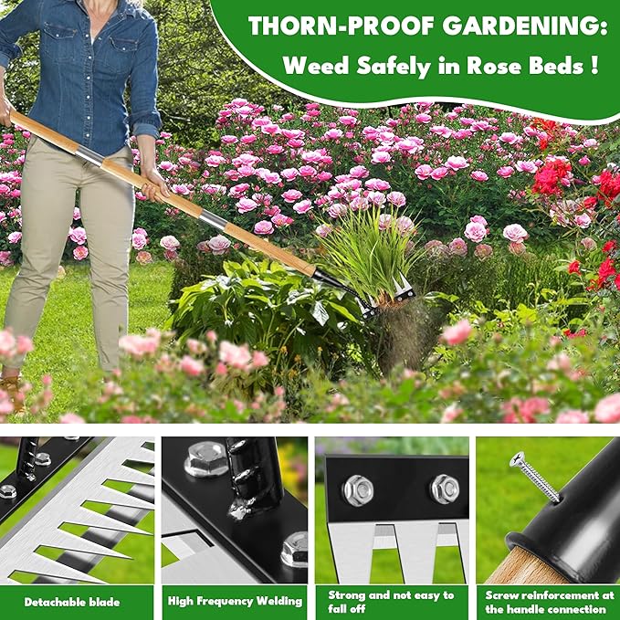 Iron Weeding Rake with Handle 2.0, 2025 Upgraded 8 Teeths Garden Weed Puller Tool Heavy Duty Gardening Tool for Lawn, Flower Beds & Soil Aeration