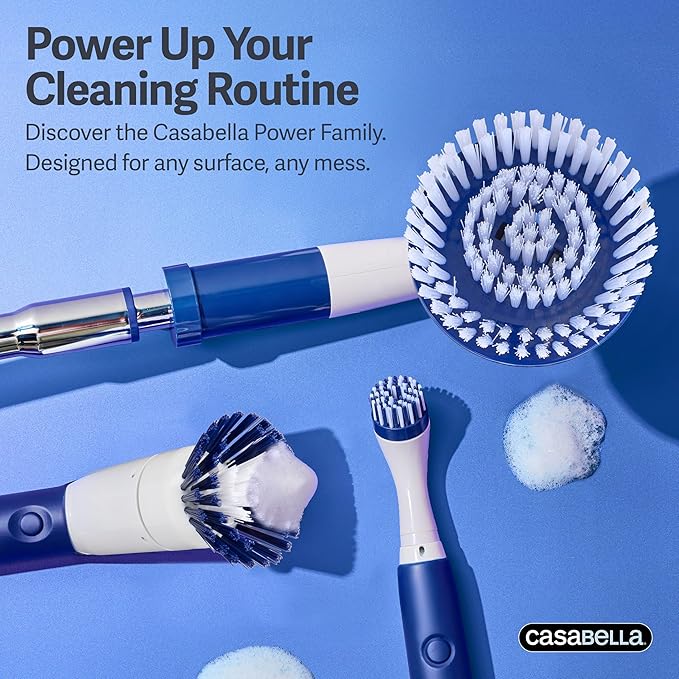 Casabella Power Scrubber Handheld Electric Spin Detail Scrubber for Cordless Cleaning Ergonomic Construction IPX 6 Water Resistance 440RPM Includes 3 Cleaning Heads, 10.4-Inch, White