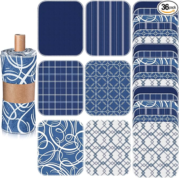 36 Count Reusable Cleaning Cloths Washable Cotton Kitchen Towels for Home(Geometric Style,Blue)