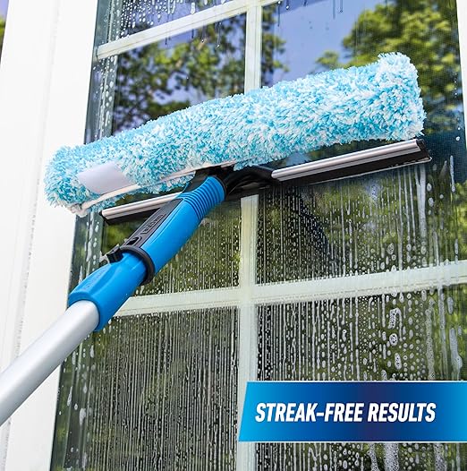 Unger Professional 2-in-1 Squeegee and Scrubber, 14” Window Cleaning Tool and 8’ Connect & Clean Pole, Essential Glass Supplies for Commercial and Residential Use, Microfiber Sleeve