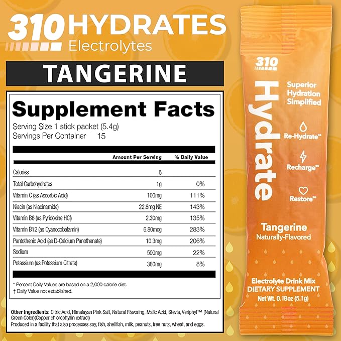 310 Nutrition Sugar Free Electrolytes Powder - Instant Hydration Packets Chris Eubank Jr. Edition - Caffeine-Free Rehydration Drink Mix w/Vitamin, Low Calorie & Keto Friendly - Tangerine 30 Singles