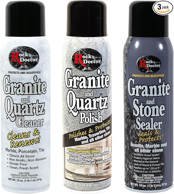 Rock Doctor Granite & Quartz Care Kit, 3 Piece Maintenance Stone Care Combo Kit – Cleans & Renews Marbel, Travertine, Tile and All Other Stone, Fresh, Pack of 3, 54.0 Ounce