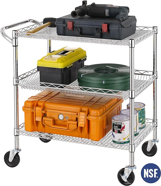 Finnhomy 3 Tier Heavy Duty Commercial Grade Utility Cart, Wire Rolling Cart with Handle Bar, Steel Service Cart with Wheels, Utility Shelf Plant Display Shelf Food Storage Trolley, NSF Listed