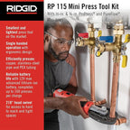 RIDGID 72558 Model RP 115 Mini Press Tool and Battery Kit with 1/2" to 3/4" ProPress and PureFlow Press Tool Jaws, 2V Li/Ion Battery, 12V Charger, and Carrying Case