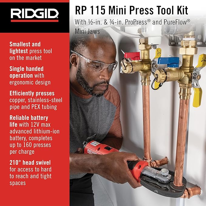 RIDGID 72558 Model RP 115 Mini Press Tool and Battery Kit with 1/2" to 3/4" ProPress and PureFlow Press Tool Jaws, 2V Li/Ion Battery, 12V Charger, and Carrying Case