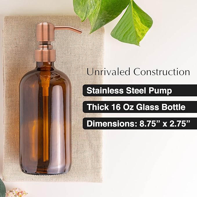 Vine Creations Amber Glass Soap Dispenser, 2 Pack Kitchen Soap Dispenser Set with Stainless Steel Pump, 16 oz Dish Soap and Hand Soap Dispensers for Bathroom with Waterproof Labels