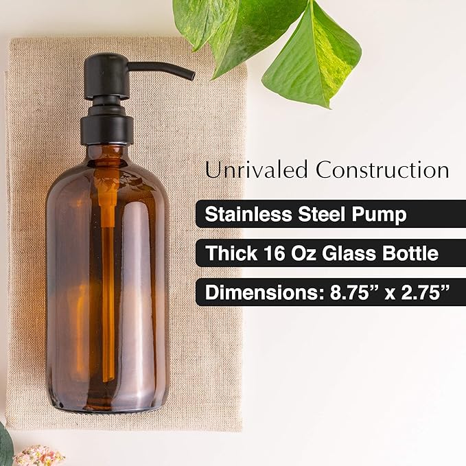 Vine Creations Amber Glass Soap Dispenser, 2 Pack Kitchen Soap Dispenser Set with Stainless Steel Pump, 16 oz Dish Soap and Hand Soap Dispensers for Bathroom with Waterproof Labels