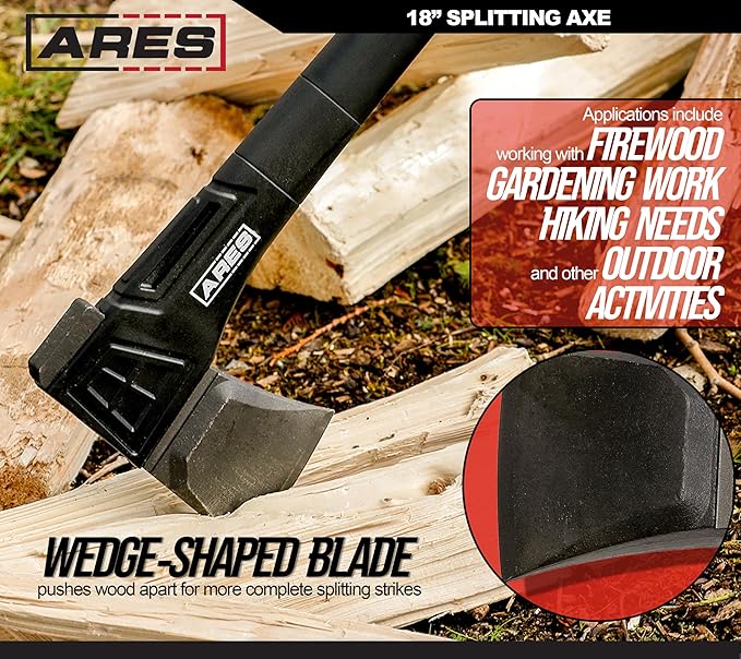ARES 45006 – 18-Inch Splitting Axe – Lightweight Fiberglass Handle Construction – High-Carbon Steel Blade Head – Gardening, Hiking, and Outdoor/Adventure Applications