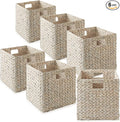 Casafield 12" x 12" Hyacinth Storage Baskets, Whitewash - Set of 6 Storage Organizers, Woven Wicker Cubes for Bathroom, Bedroom, Laundry, Shelves