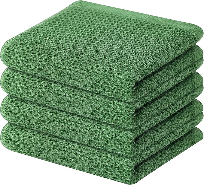 Homaxy 100% Cotton Waffle Weave Kitchen Dish Towels, Ultra Soft Absorbent Quick Drying Cleaning Towel, 13 x 28 Inches, 4-Pack, Grass Green