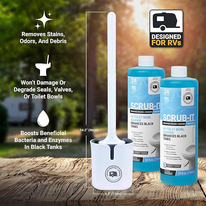Unique RV Toilet Cleaner Combo Pack - Scrub-It 24 oz. (Pack of 2) and RV Toilet Brush, Packaging May Vary